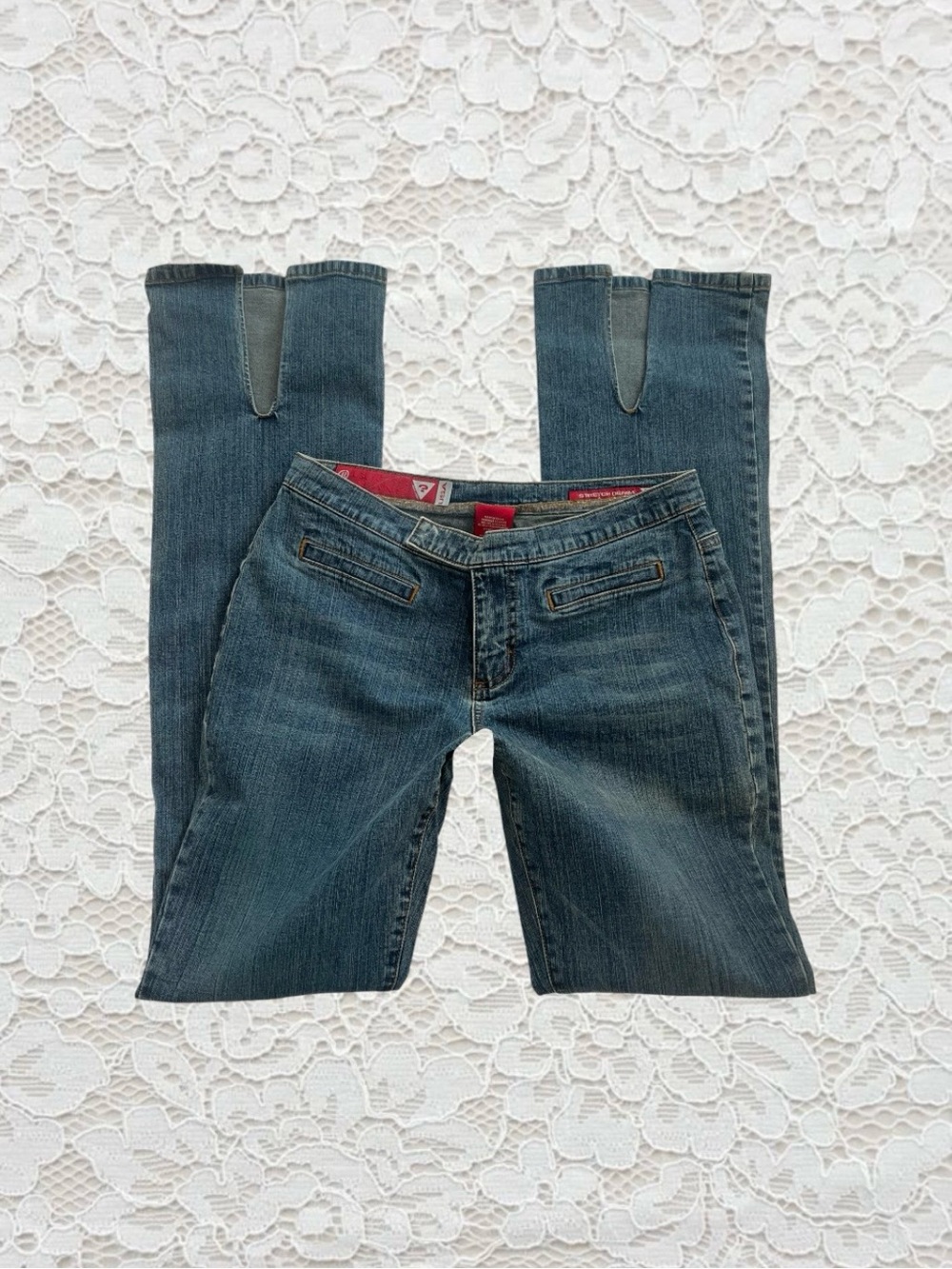 vintage guess low rise bootcut denim jeans with ankle slits